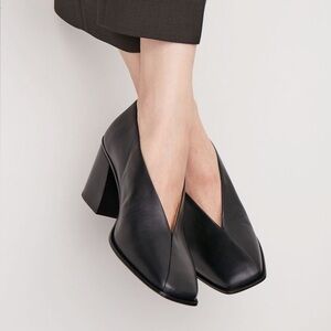 COS Black Leather High Vamp Block Heel Square Toe